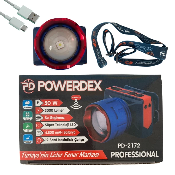 46660da9-f320-4478-9ba0-6842eac18f9f Powerdex PD-2172 50W 3000 Lümen 6800mAh Sensörlü Dijital Ekranlı Zoomlu Kafa Lambası - Görsel 1