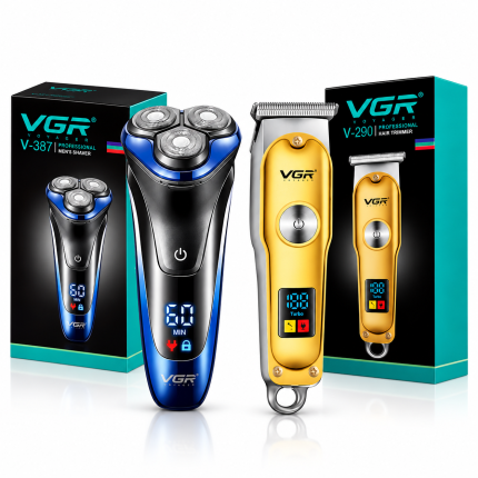 VGR - Tıraş Makinesi V-290 & V-387 - 2'li Berber Seti Turbo T-Bıçak Trimmer Çift Folyo Shaver