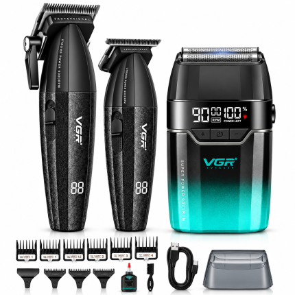 VGR  V-640 S2 & V-308 3'lü Berber Tıraş Makinesi Seti 9000 RPM Clipper Trimmer Metal Shaver