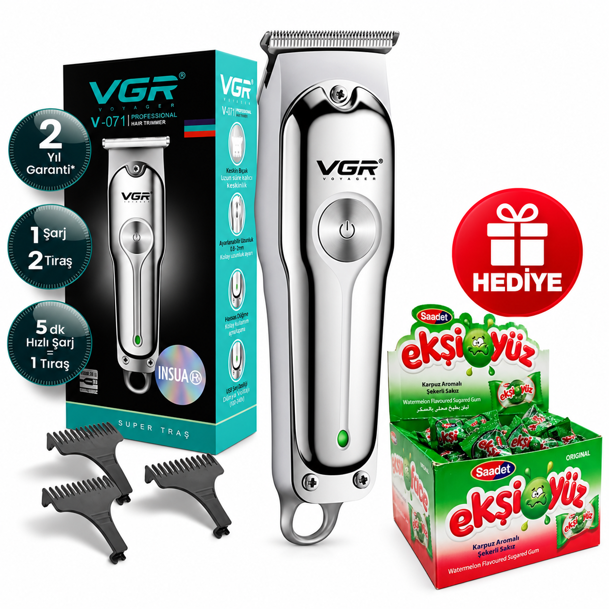 071-eksi.png VGR V-071 Gümüş T-Bıçaklı Saç Sakal Makinesi + Ekşi Yüz Sakız Hediyeli - Görsel 1