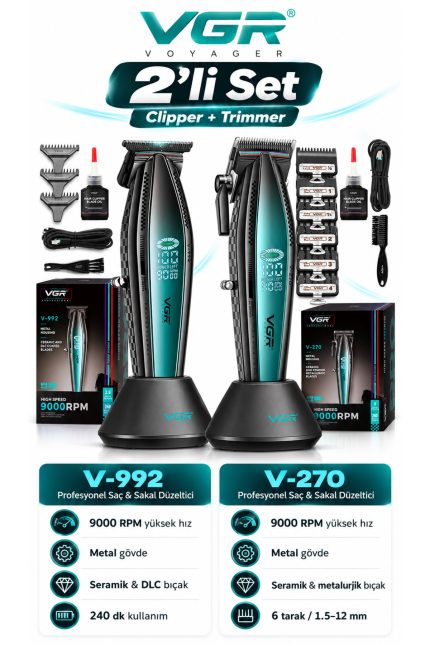 Saç Sakal Tıraş Makinesi Seti Metal Clipper Trimmer - V-270 & V-992