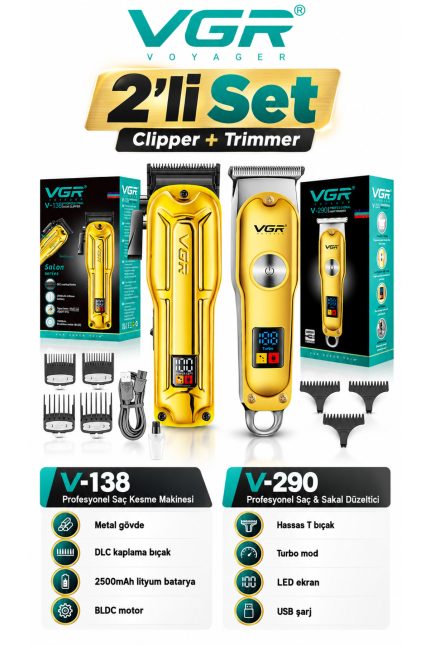 Saç Sakal Tıraş Makinesi Seti Metal Clipper Trimmer Gold | V-138 & V-290