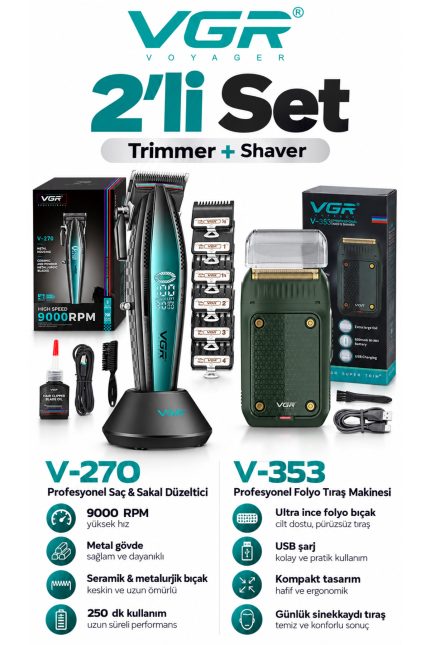 Saç Sakal Tıraş Makinesi Seti Metal Trimmer Shaver | V-270 & V-353