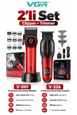 V-001 V-226 2'li Berber Seti 9000 RPM DLC Trimmer Saç Clipper Kırmızı