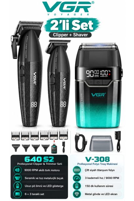 V-640 S2 & V-308 3'lü Berber Tıraş Makinesi Seti 9000 RPM Clipper Trimmer Metal Shaver