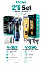 Tıraş Makinesi V-290 & V-387 - 2'li Berber Seti Turbo T-Bıçak Trimmer Çift Folyo Shaver