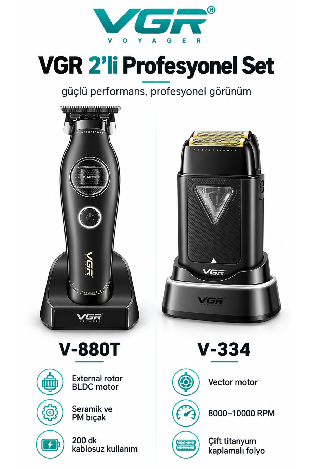 1_org_zoom-190.jpg 2'li Profesyonel Berber Tıraş Seti V-880T Trimmer V-334 Shaver - Sakal, Ense, Sıfırlama - Görsel 1