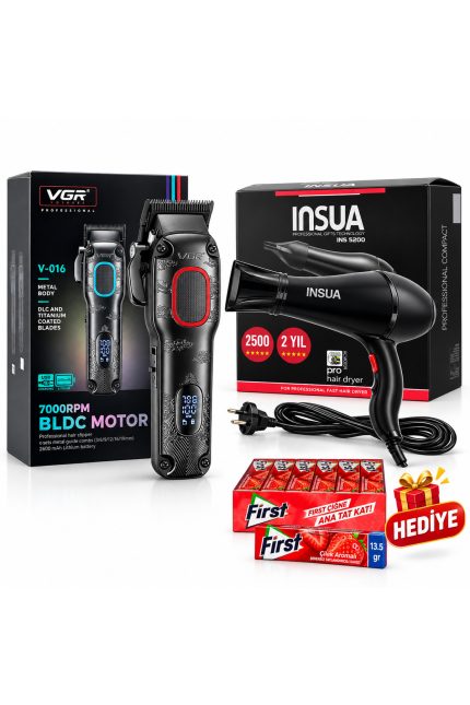 Tıraş Makinesi Seti | V-016 BLDC Motor + INSUA 5200 Fön Makinesi + 24'lü Sakız Hediyeli